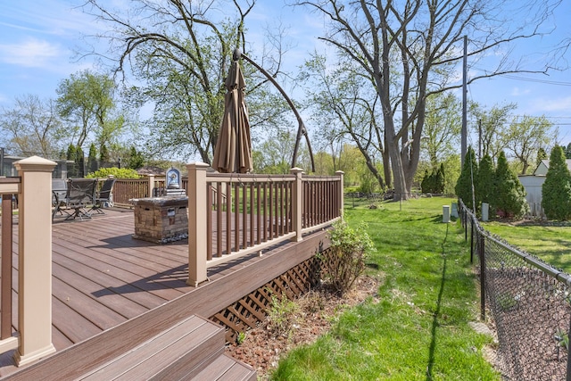 wooden terrace with a fenced backyard, outdoor dining space, and a lawn