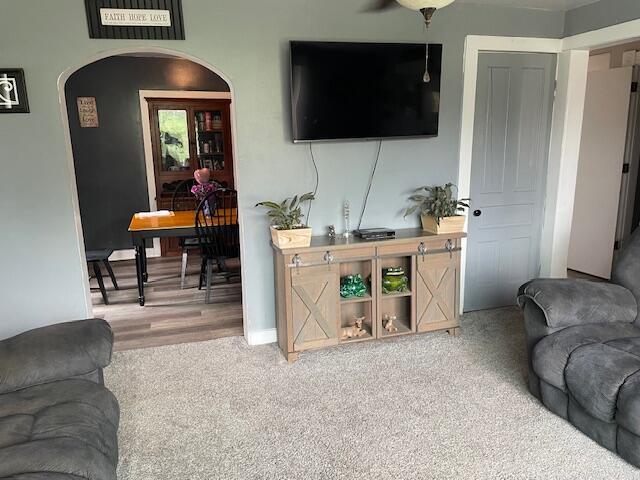 carpeted living area featuring arched walkways