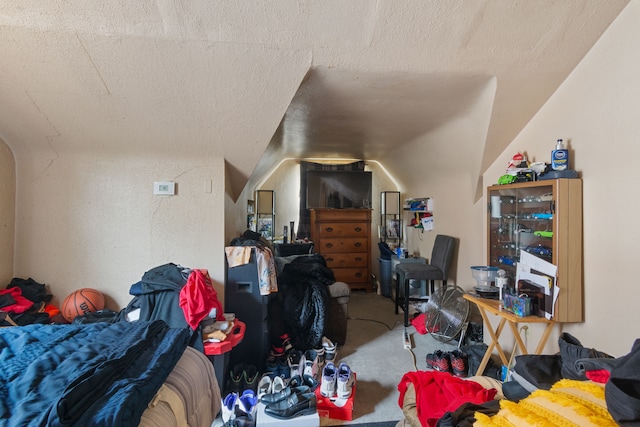 8690 Elmira St, Detroit, MI 48204 - bedroom with carpet flooring, vaulted ceiling, and a textured ceiling