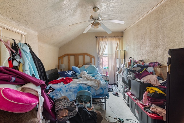 8690 Elmira St, Detroit, MI 48204 - bedroom featuring a textured ceiling, vaulted ceiling, carpet flooring, and ceiling fan
