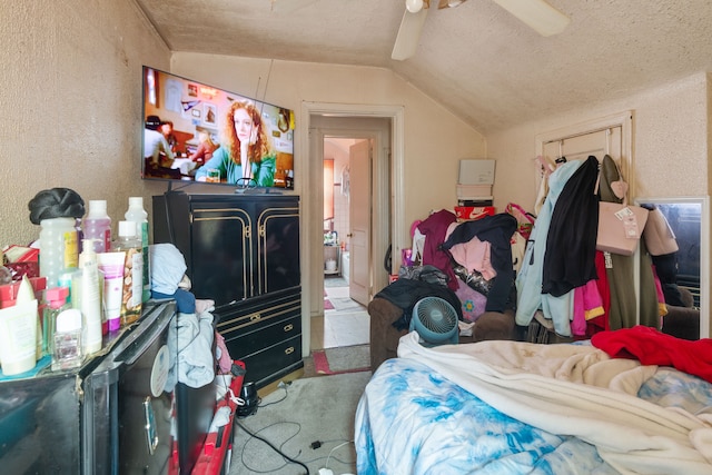 8690 Elmira St, Detroit, MI 48204 - carpeted bedroom featuring lofted ceiling, a textured wall, a ceiling fan, and a textured ceiling