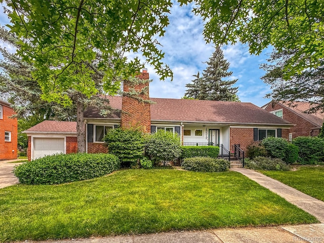 13318 Nadine Ave, Huntington Woods, MI 48070 - ranch-style house featuring a front lawn, a chimney, an attached garage, brick siding, and driveway