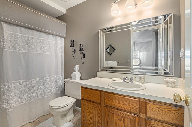 full bathroom with vanity, tile patterned floors, toilet, and curtained shower