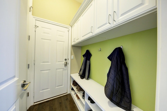 mudroom featuring dark wood-style flooring