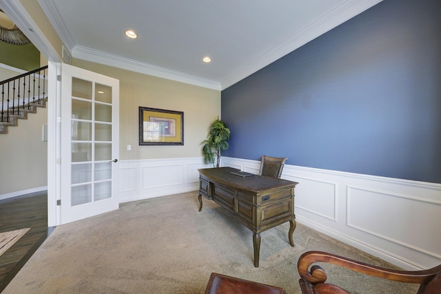 home office featuring crown molding, recessed lighting, wainscoting, and carpet floors