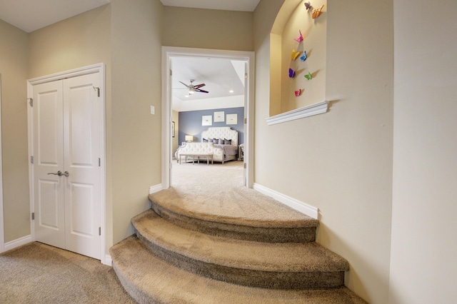 stairs featuring carpet floors, ceiling fan, and baseboards