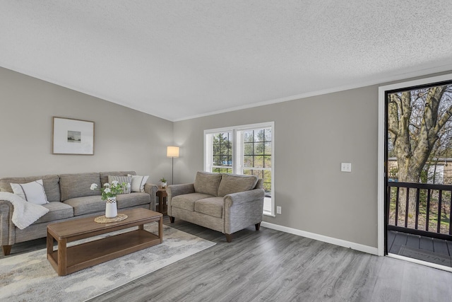living area featuring baseboards, a textured ceiling, crown molding, and wood finished floors