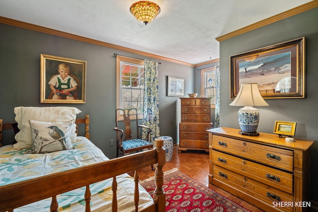 bedroom with crown molding