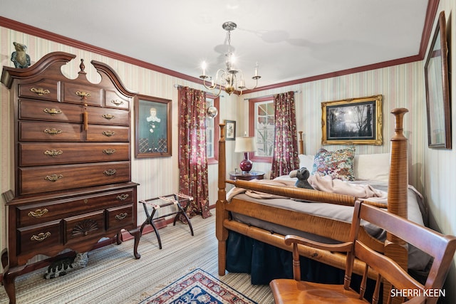 bedroom with crown molding, a chandelier, light carpet, and wallpapered walls
