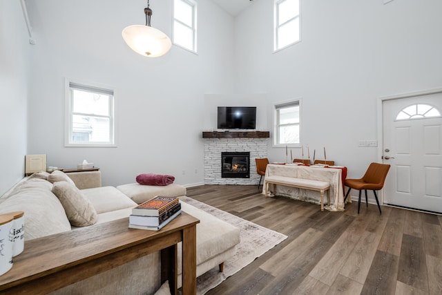 living room with plenty of natural light, a high ceiling, a fireplace, and wood finished floors