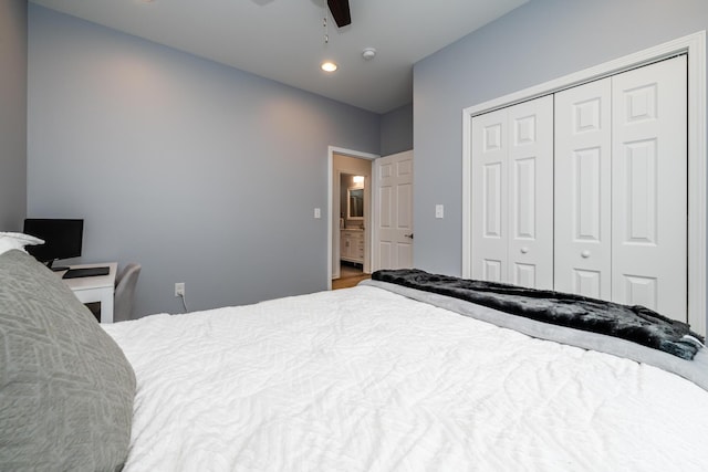 bedroom featuring a closet, a ceiling fan, wood finished floors, and recessed lighting