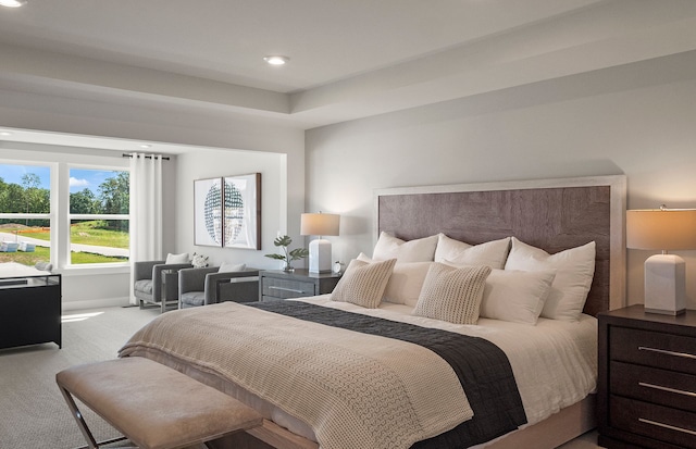 bedroom featuring carpet floors, recessed lighting, and baseboards
