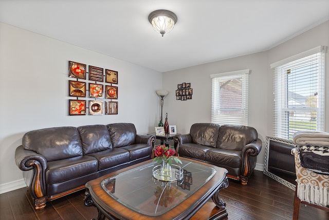 living area with a healthy amount of sunlight, baseboards, and dark wood-style flooring