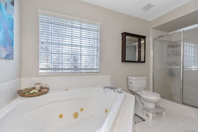 full bath featuring visible vents, a shower stall, tile patterned floors, a whirlpool tub, and toilet
