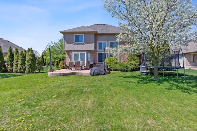 back of house with a patio, a trampoline, a yard, and brick siding