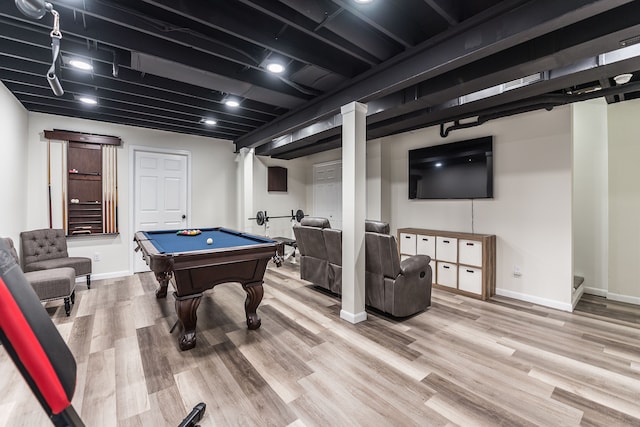 rec room featuring baseboards, billiards, and wood finished floors