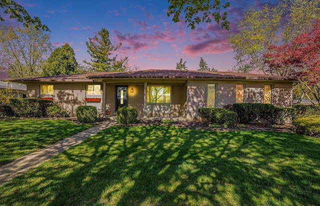 ranch-style house featuring a front lawn and brick siding