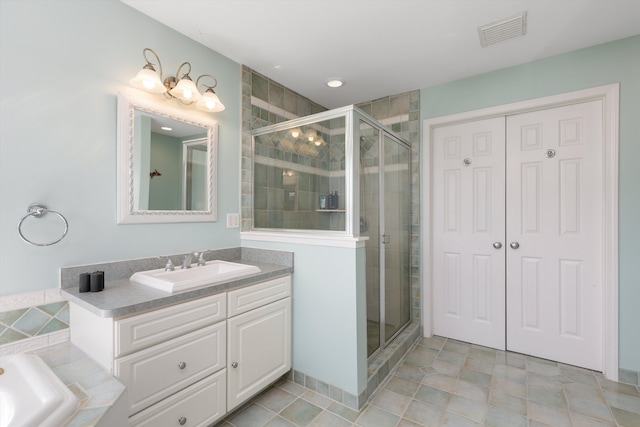 full bath with vanity, tile patterned flooring, a shower stall, and visible vents