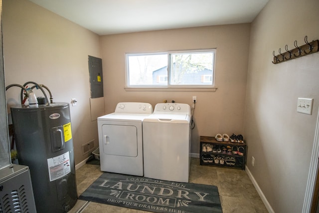 laundry room featuring washer and dryer, laundry area, baseboards, electric water heater, and electric panel