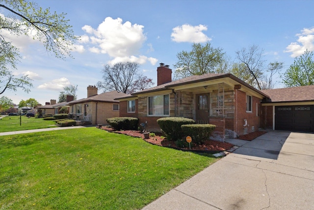 ranch-style house featuring a chimney, a front yard, a garage, brick siding, and concrete driveway