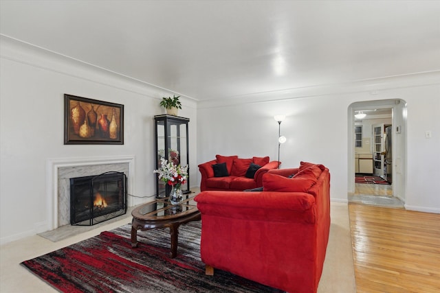living area with baseboards, arched walkways, wood finished floors, and a fireplace