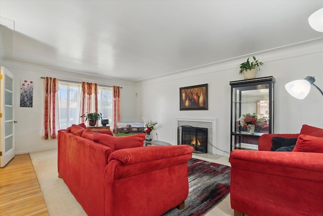 living room featuring light wood-style flooring and a high end fireplace