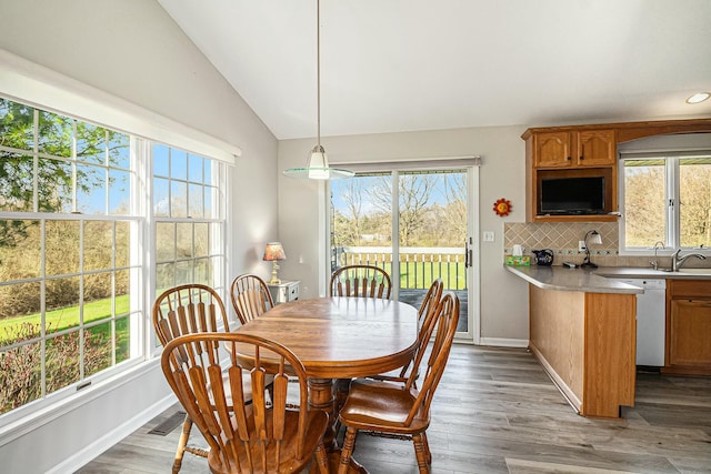 dining area featuring visible vents, wood finished floors, a wealth of natural light, and vaulted ceiling