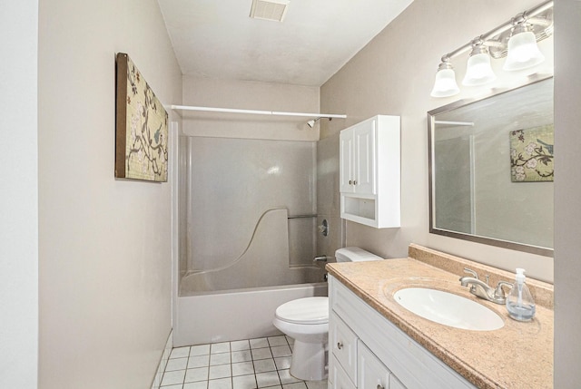 bathroom featuring shower / bathing tub combination, visible vents, tile patterned flooring, vanity, and toilet