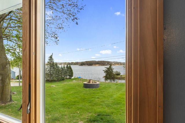 interior space with a water view
