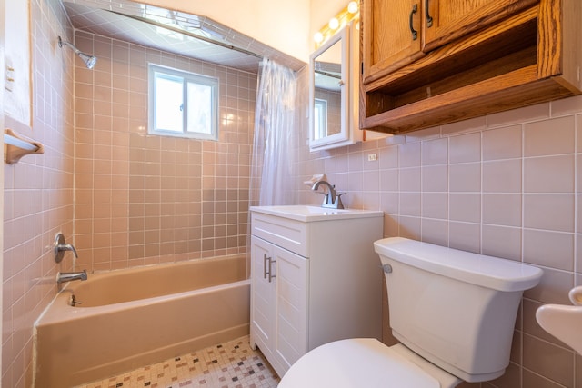 19302 Moross Rd, Detroit, MI 48224 - bathroom featuring toilet, shower / bathtub combination with curtain, vanity, and backsplash