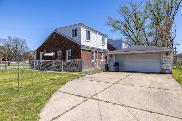 19302 Moross Rd, Detroit, MI 48224 - view of front of house with brick siding, a garage, an outdoor structure, and a gate