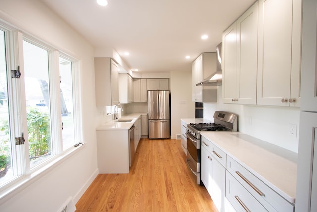 kitchen with wall chimney range hood, stainless steel appliances, a sink, and a wealth of natural light