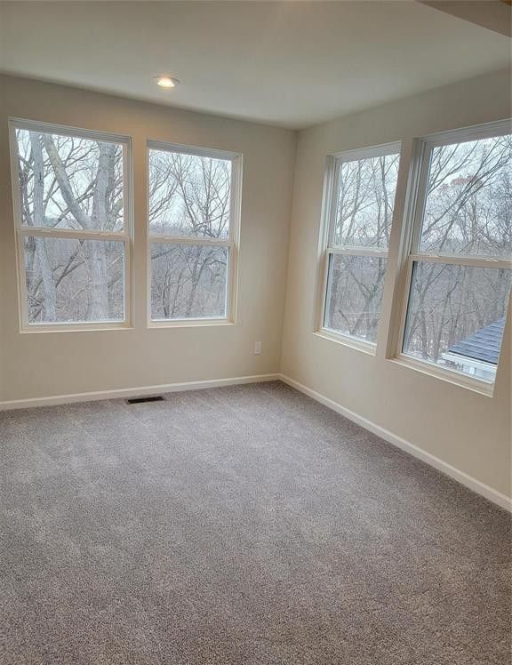 carpeted empty room with baseboards and visible vents