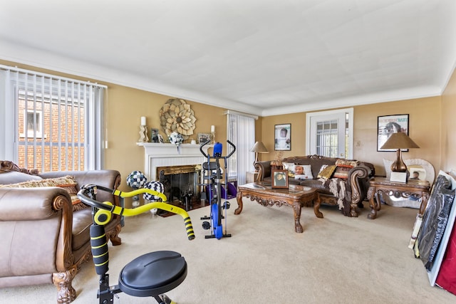 14174 Archdale St, Detroit, MI 48227 - living area featuring carpet, a brick fireplace, and a wealth of natural light