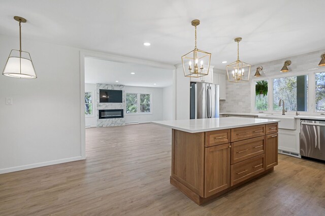 kitchen with light wood-style floors, light countertops, a premium fireplace, and stainless steel appliances