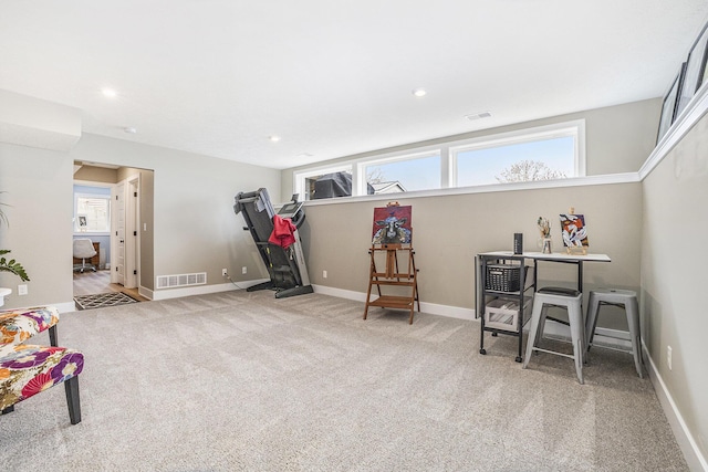game room featuring visible vents, recessed lighting, baseboards, and carpet floors