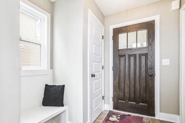 entrance foyer with baseboards and wood finished floors