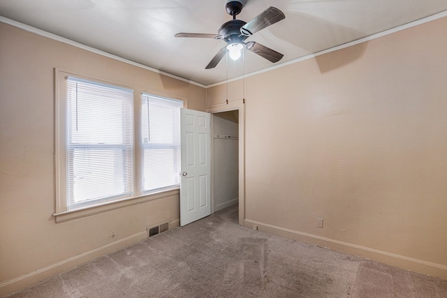 5279 E Somerset Ave, Detroit, MI 48224 - unfurnished bedroom with ornamental molding, carpet floors, baseboards, and a ceiling fan