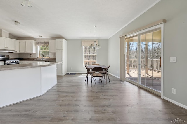 kitchen with white cabinets, a sink, light wood finished floors, stainless steel range with gas stovetop, and under cabinet range hood