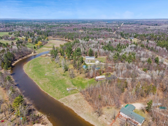 birds eye view of property with a water view and a forest view