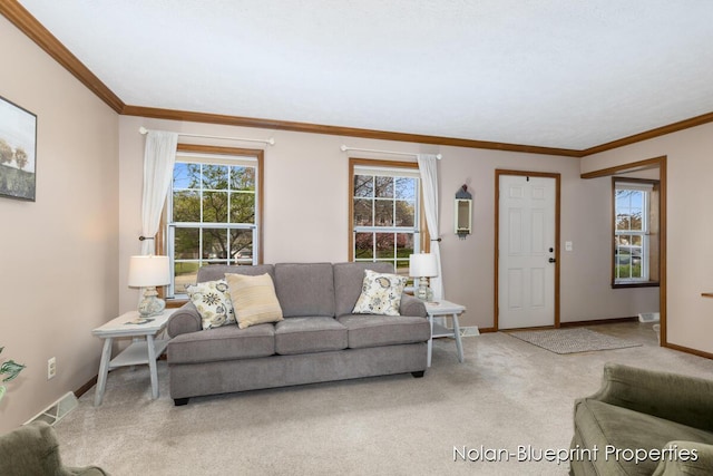 carpeted living area with baseboards, visible vents, ornamental molding, and a wealth of natural light