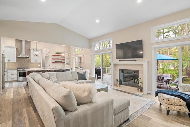 living room with light wood-style flooring, a glass covered fireplace, a healthy amount of sunlight, and high vaulted ceiling