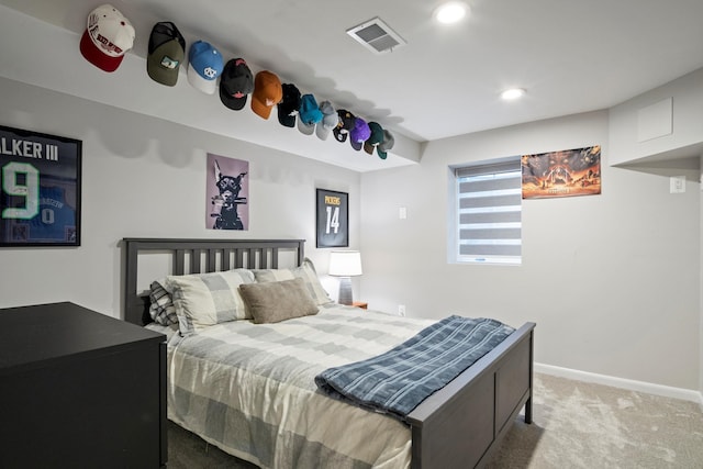 bedroom featuring visible vents, recessed lighting, baseboards, and light colored carpet