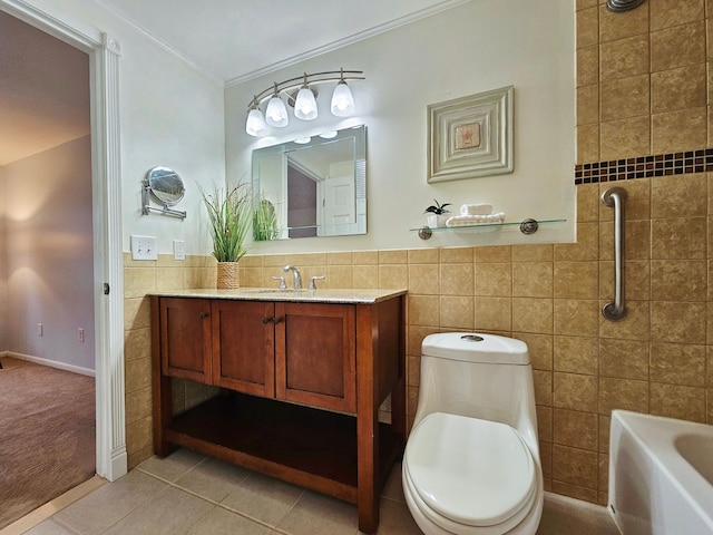 full bathroom with crown molding, tile walls, tile patterned flooring, vanity, and toilet