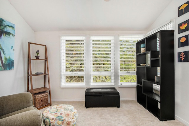 sitting room featuring baseboards, carpet, and lofted ceiling