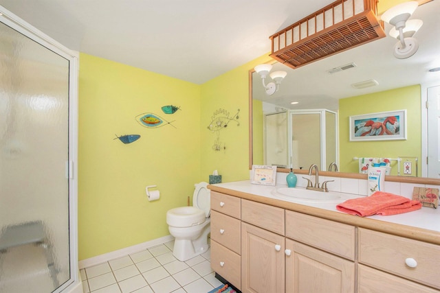 full bath featuring an enclosed shower, toilet, tile patterned floors, and visible vents