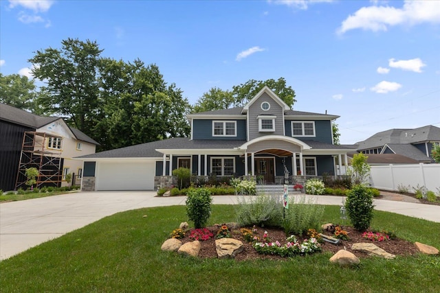 114 Bernstadt St, Novi, MI 48377 - view of front of home with a garage, fence, a front yard, concrete driveway, and a porch