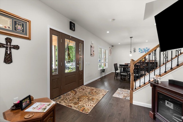 114 Bernstadt St, Novi, MI 48377 - foyer featuring baseboards, recessed lighting, dark wood finished floors, and stairway