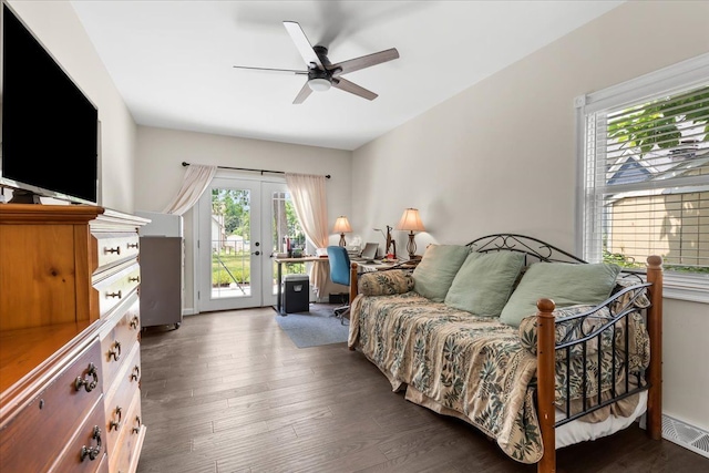 114 Bernstadt St, Novi, MI 48377 - bedroom featuring visible vents, wood finished floors, ceiling fan, access to outside, and french doors
