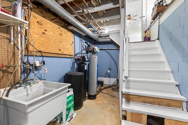 114 Bernstadt St, Novi, MI 48377 - unfinished below grade area with concrete block wall, stairs, and a sink